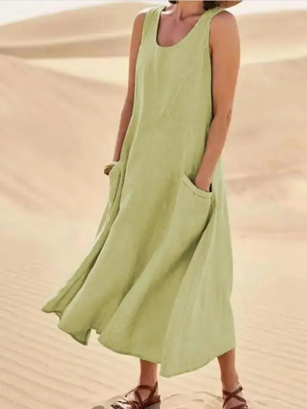 Vestido De Linho Midi - Verde-Claro-G4 - HumArraso