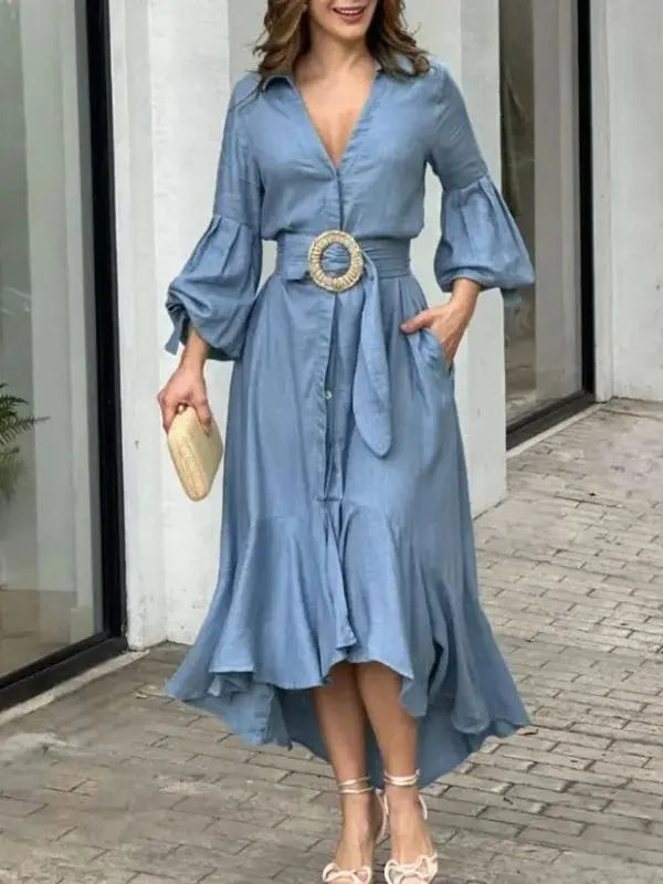 Vestido LaBela com Mangas em Lapela e Saia com Babado - - HumArraso