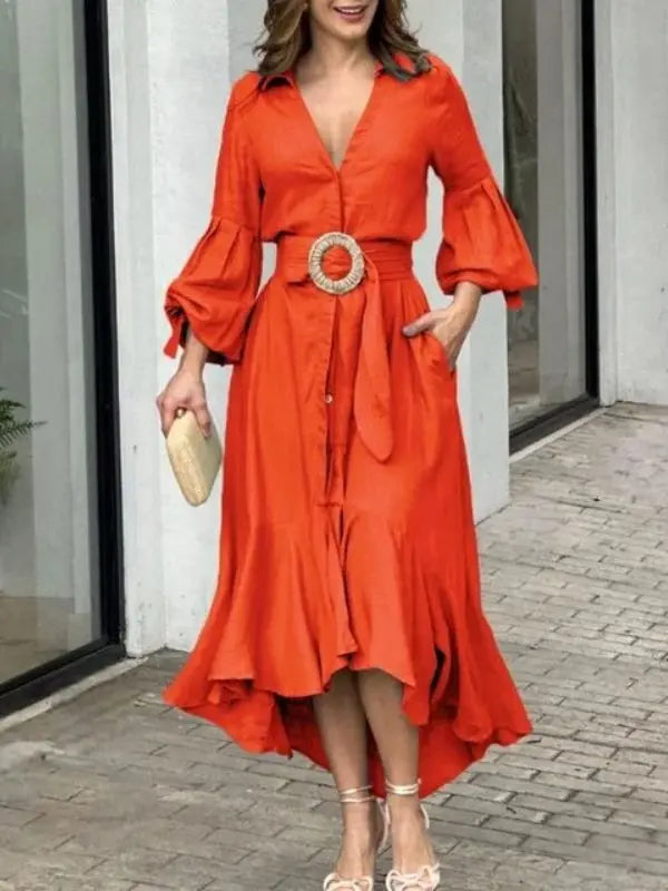 Vestido LaBela com Mangas em Lapela e Saia com Babado - - HumArraso