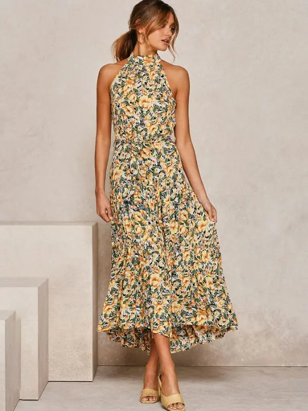 Vestido Longo Gola Plissada - Amarelo-estampado-XG - HumArraso