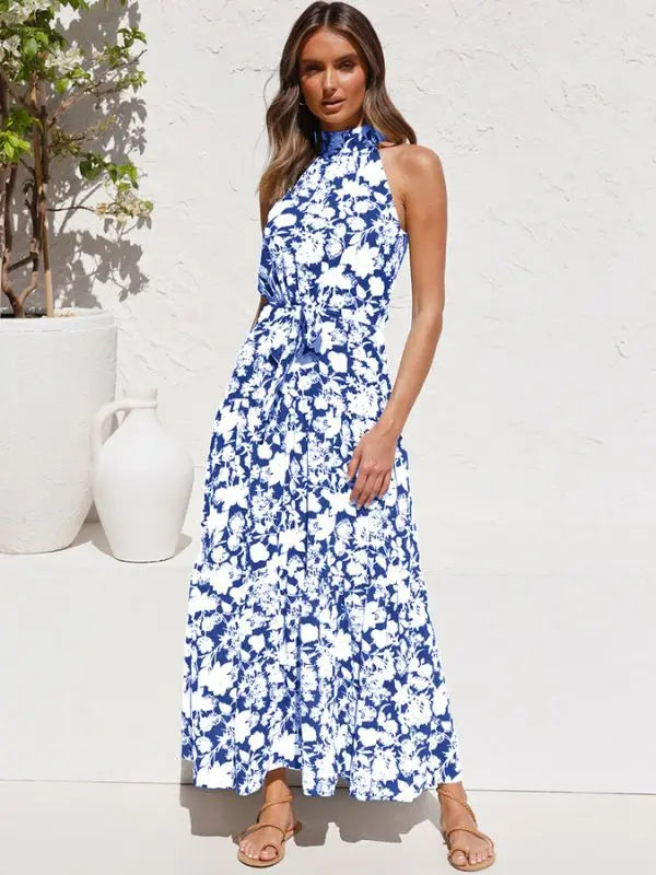 Vestido Longo Gola Plissada - Azul-estampado-XG - HumArraso