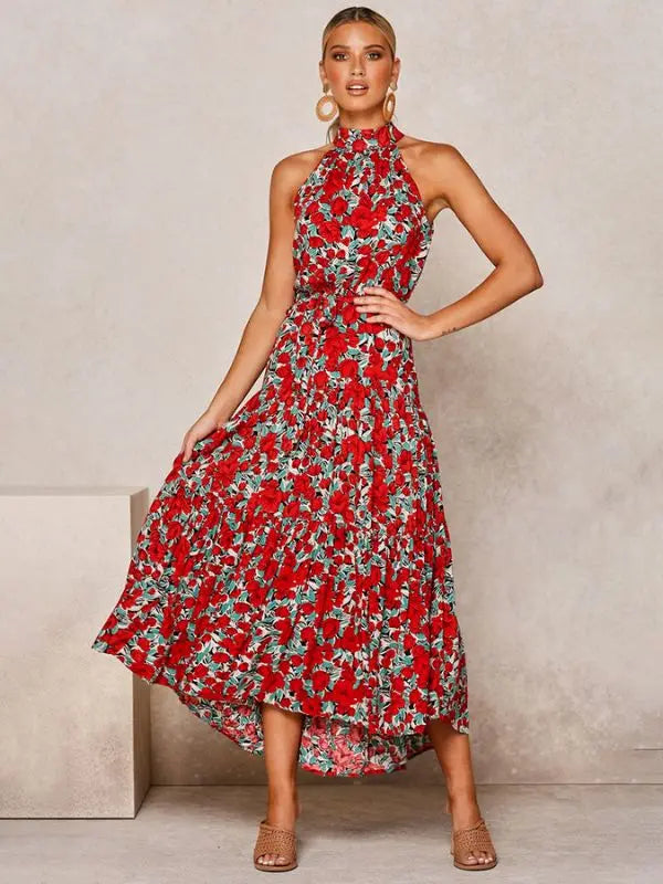 Vestido Longo Gola Plissada - Vermelho-estampado-XG - HumArraso