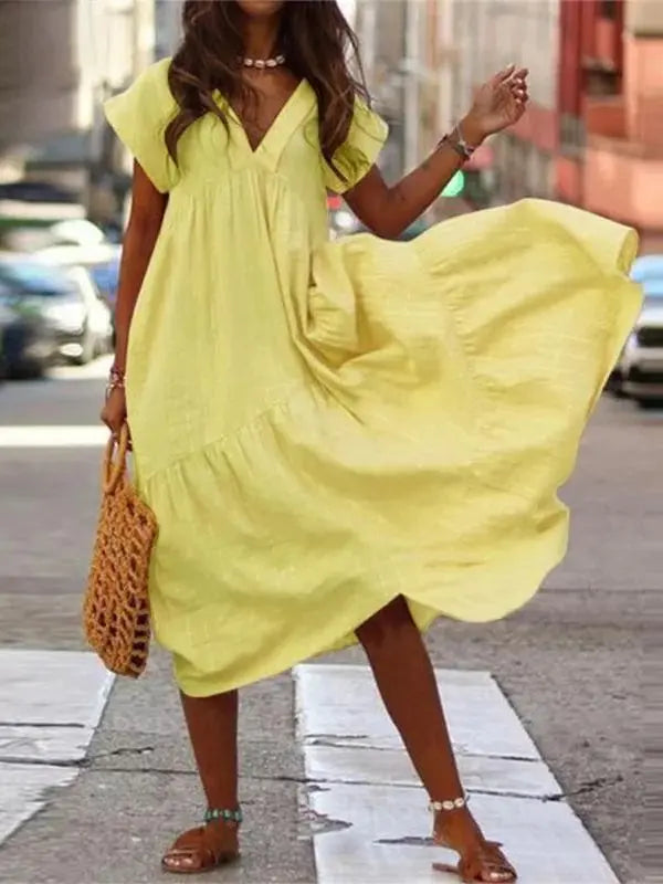 Vestido Longo Manga Curta Beatriz - Amarelo-5XG - HumArraso
