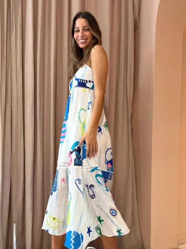 Vestido Longo de Alcinha - Azul-com-branco-XG - HumArraso