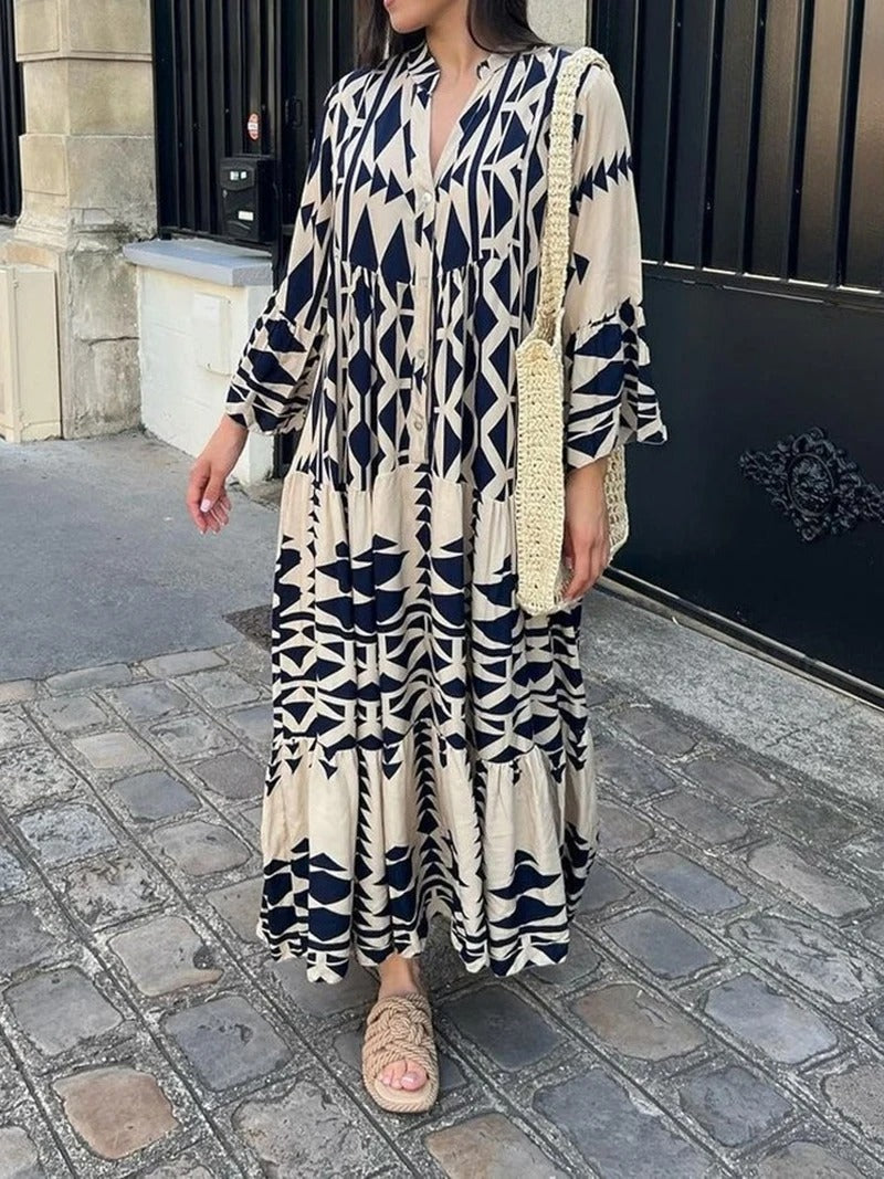 Vestido Longo e Solto, Vintage Geométrico Decote em V - Alícia