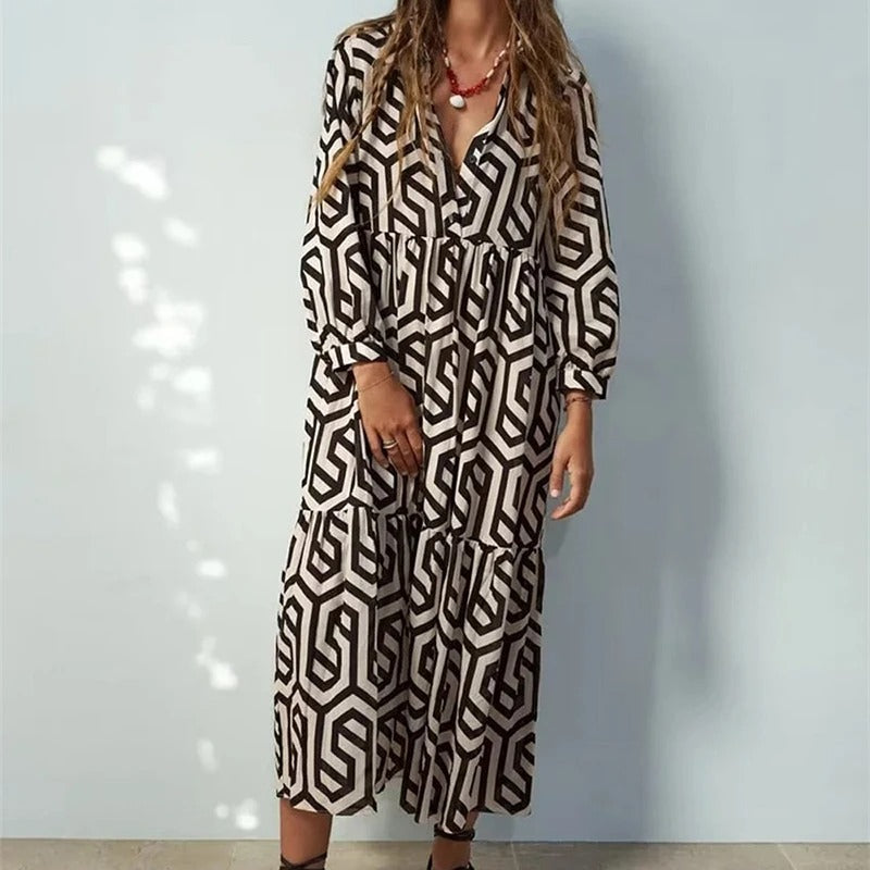 Vestido Longo e Solto, Vintage Geométrico Decote em V - Alícia