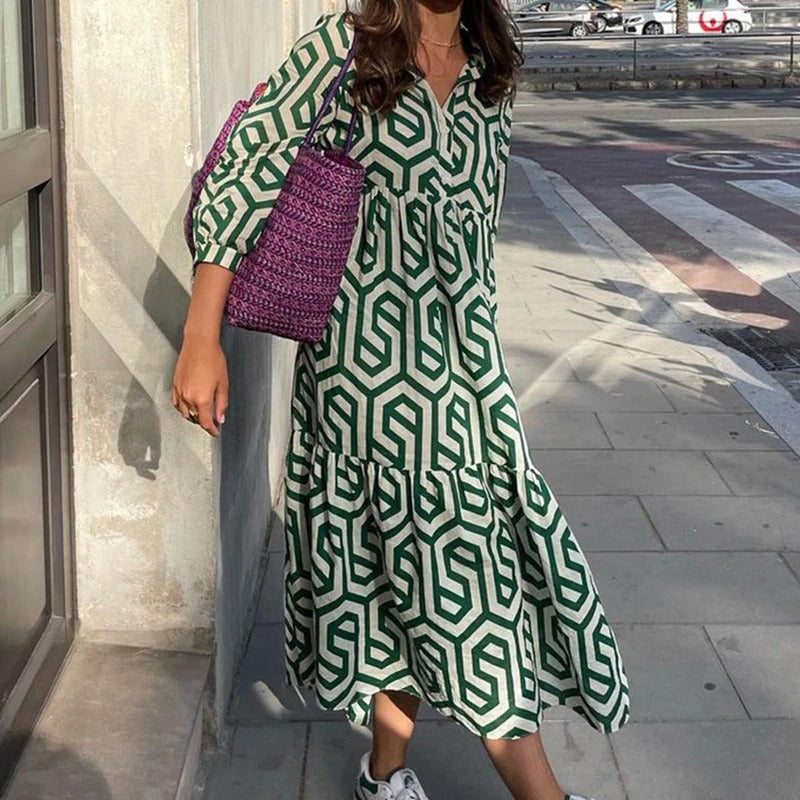 Vestido Longo e Solto, Vintage Geométrico Decote em V - Alícia