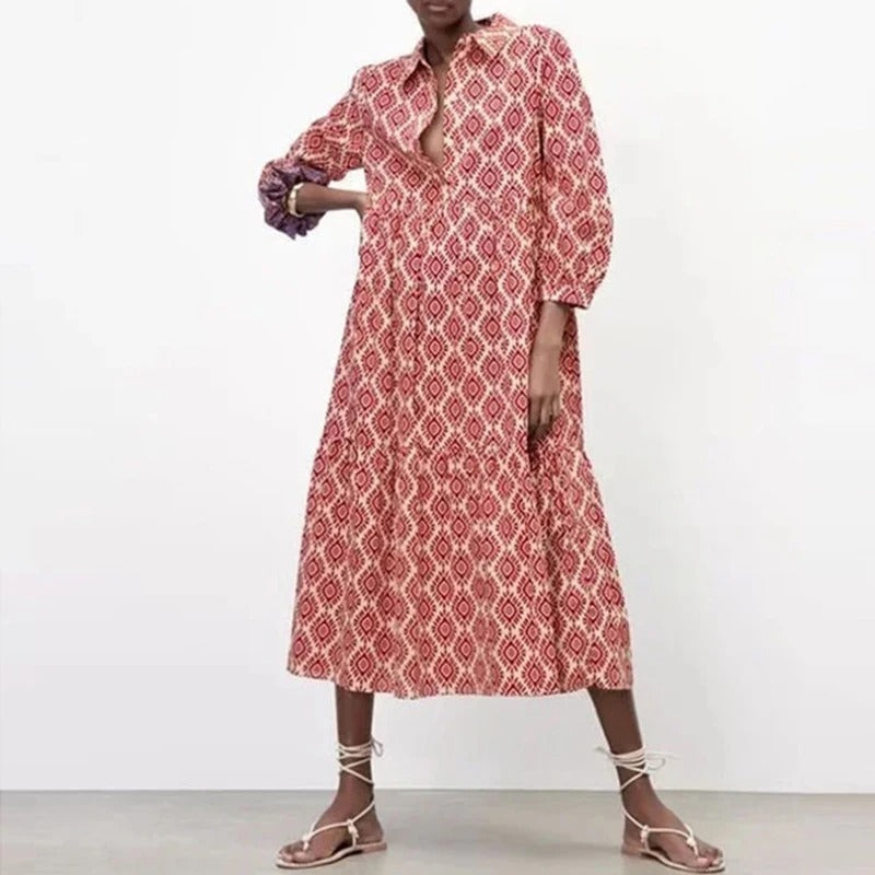 Vestido Longo e Solto, Vintage Geométrico Decote em V - Alícia