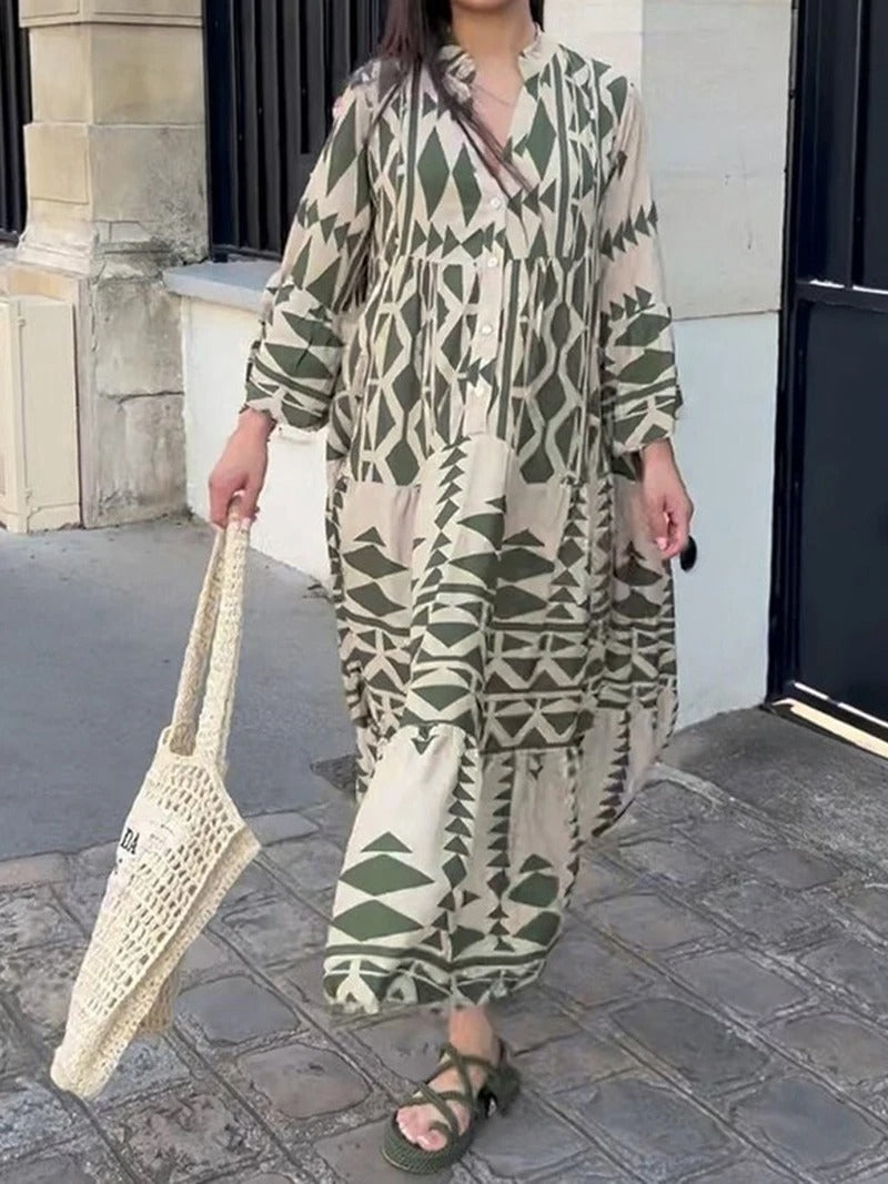 Vestido Longo e Solto, Vintage Geométrico Decote em V - Alícia