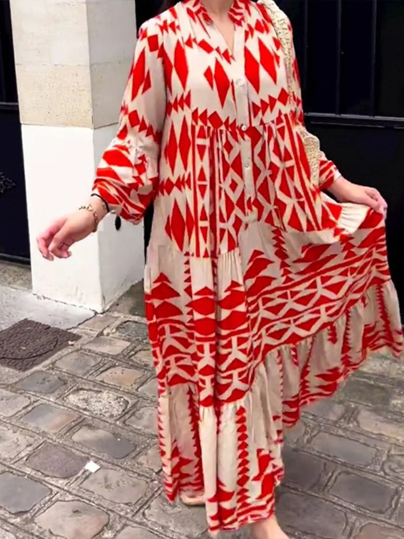 Vestido Longo e Solto, Vintage Geométrico Decote em V - Alícia