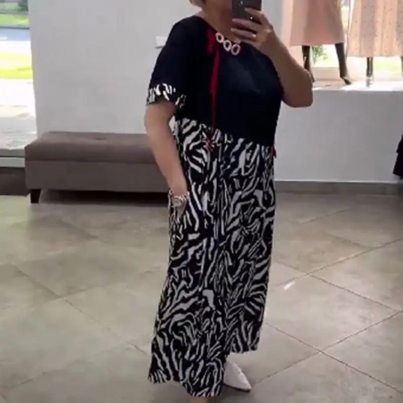 Vestido Casual com Bolsos e Patchwork Preto & Branco – Renata