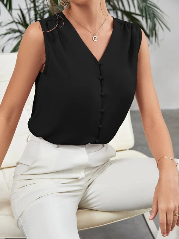Blusa Feminina Botões Gola em V Rosa e Preto HumArraso