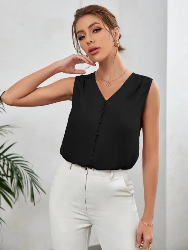 Blusa Feminina Botões Gola em V Rosa e Preto HumArraso