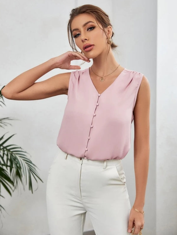 Blusa Feminina Botões Gola em V Rosa e Preto HumArraso
