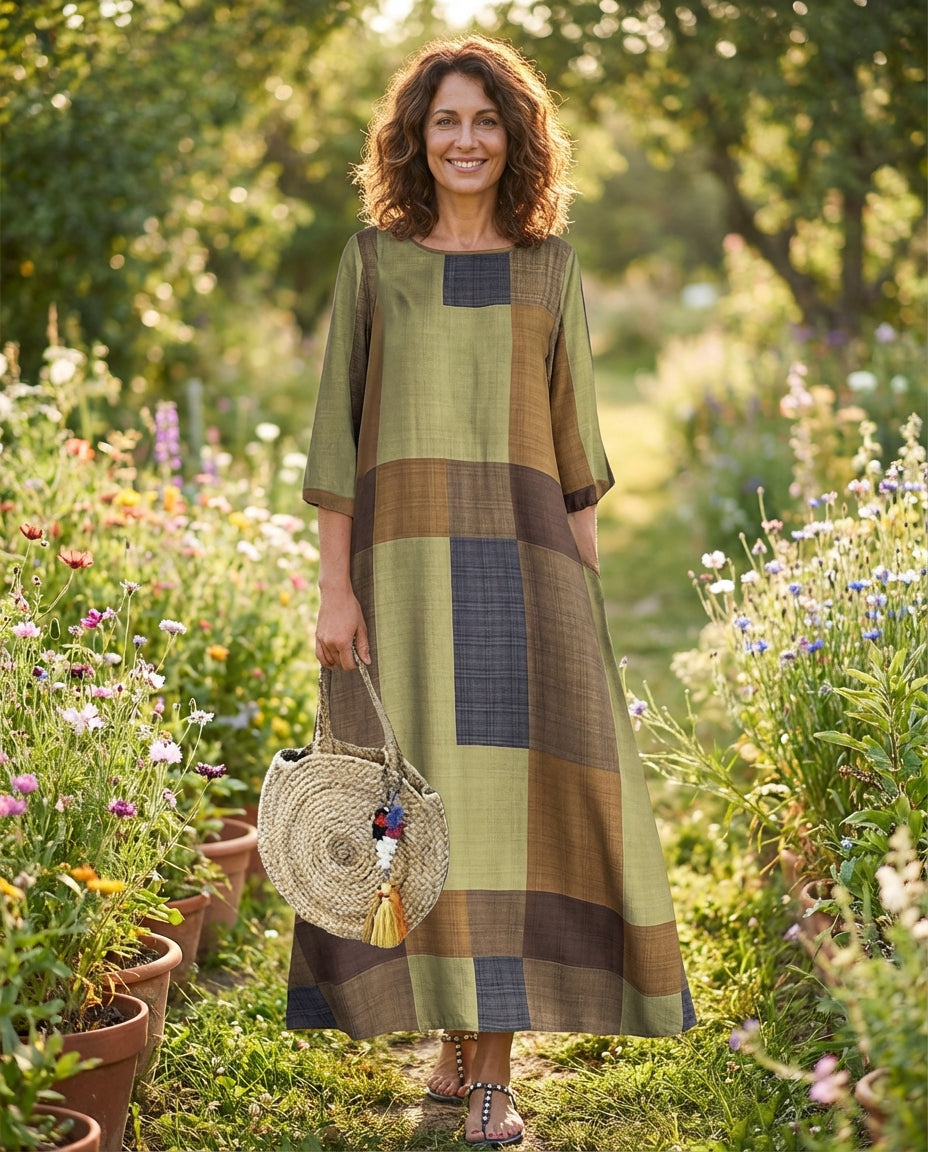 Vestido Midi Solto com Manga 3/4 e Estampado