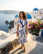 Vestido Longo Casual Plus Size com Estampa Geométrica e Listrada