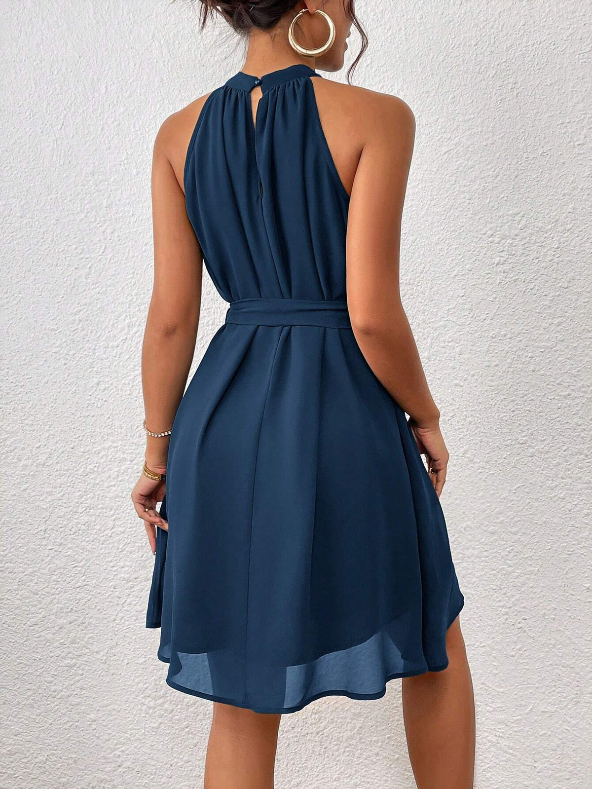 Vestido Mini Frente-Única com Cinto - Azul Casual Feminino