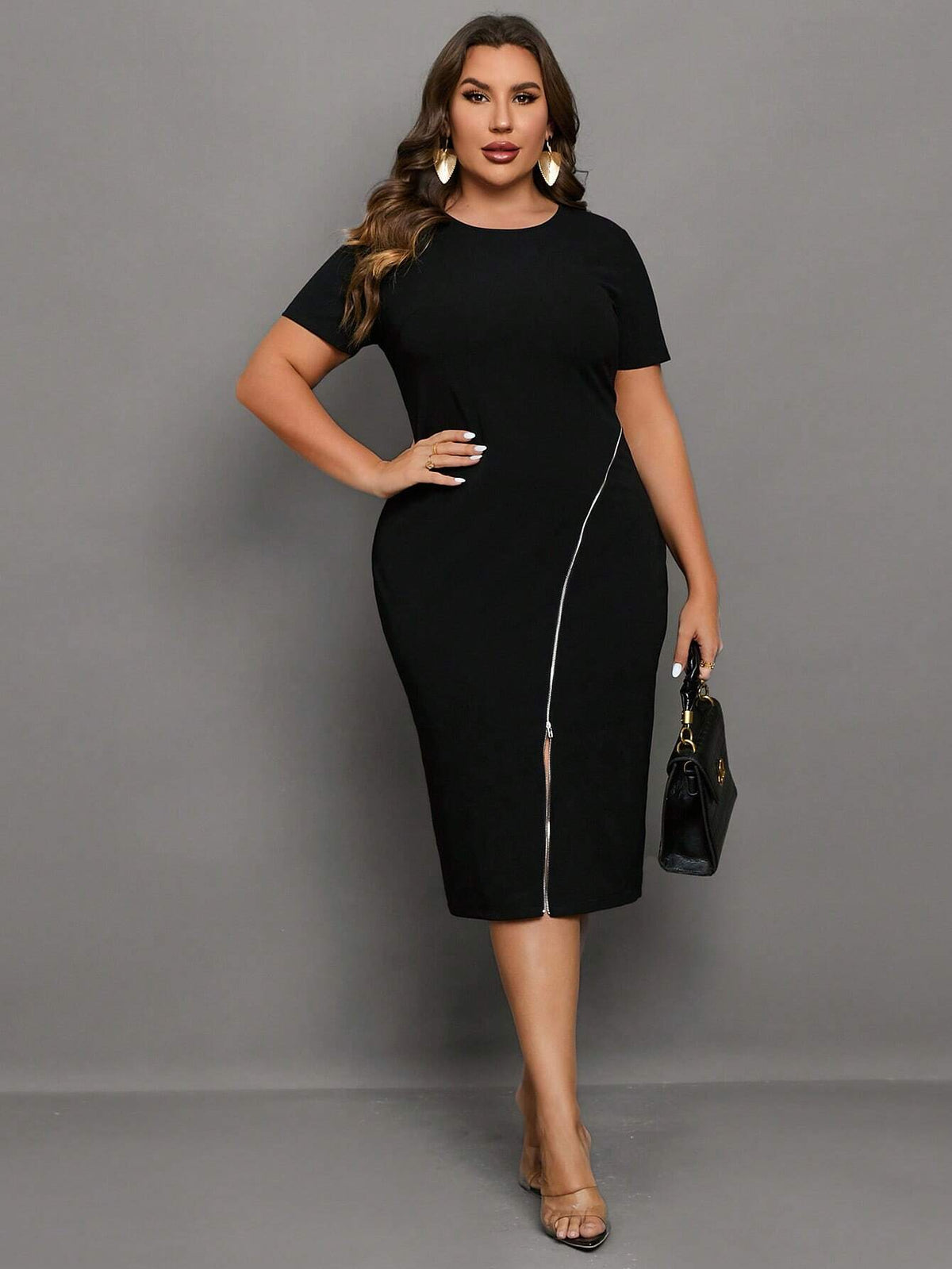 Vestido Bodycon Plus Size com Zíper Frontal - Elegância e Estilo Slim Fit