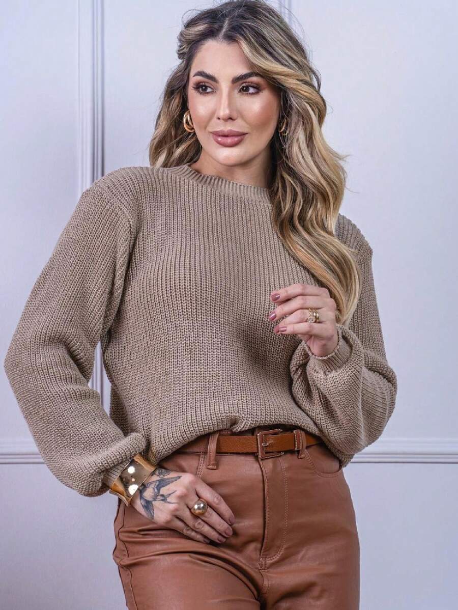 Blusa Cropped Tricô com Manga Bufante e Gola Canoa – Lívia