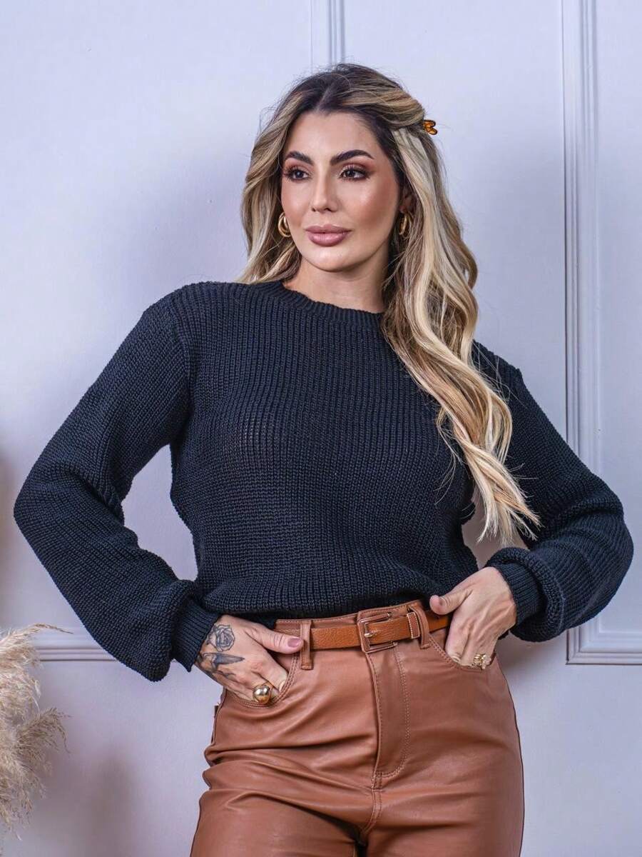 Blusa Cropped Tricô com Manga Bufante e Gola Canoa – Lívia