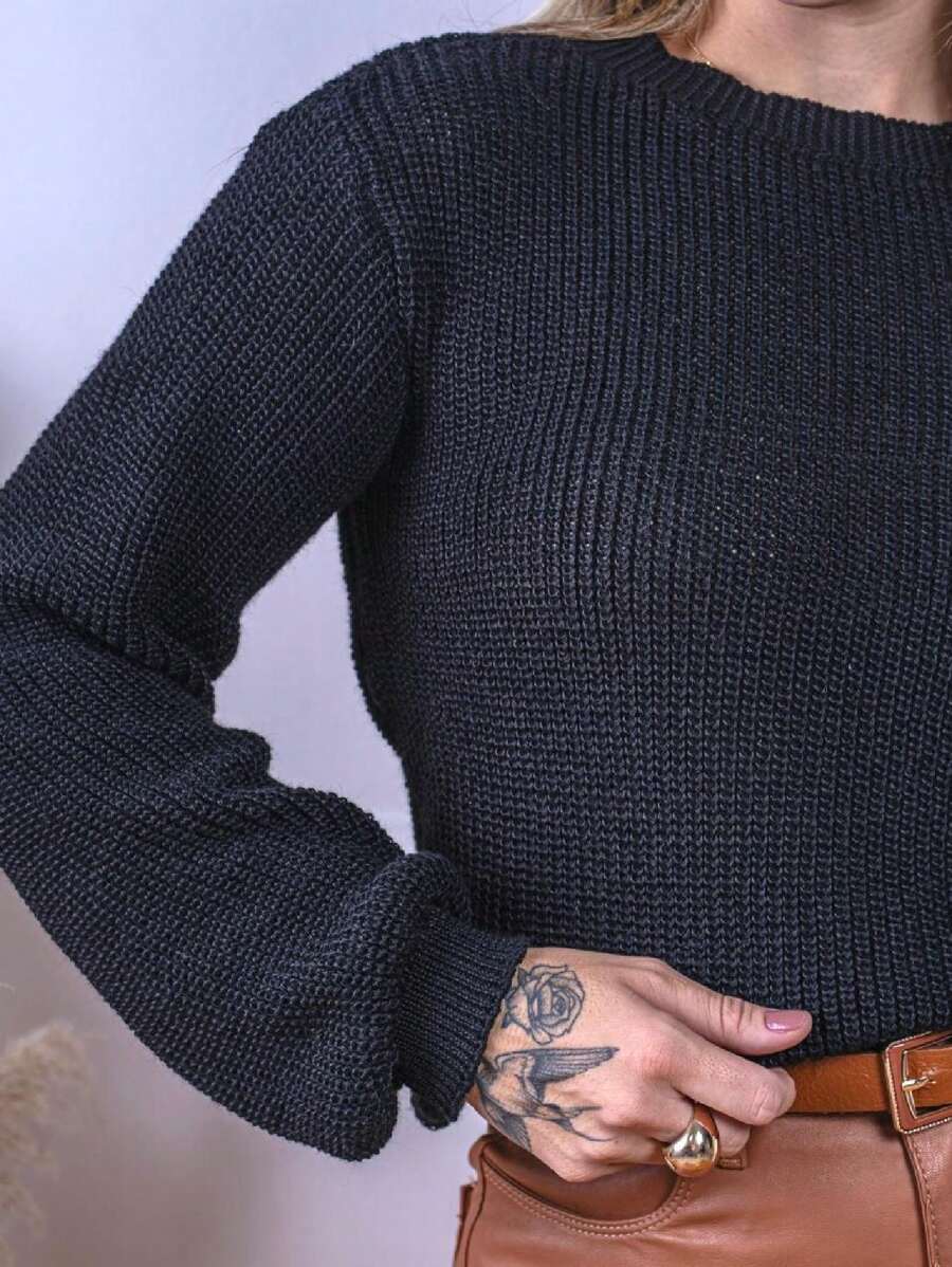 Blusa Cropped Tricô com Manga Bufante e Gola Canoa – Lívia