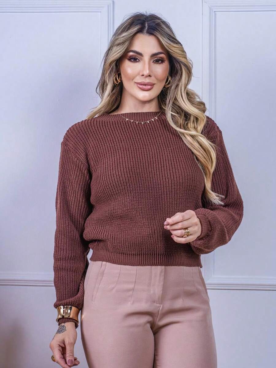 Blusa Cropped Tricô com Manga Bufante e Gola Canoa – Lívia