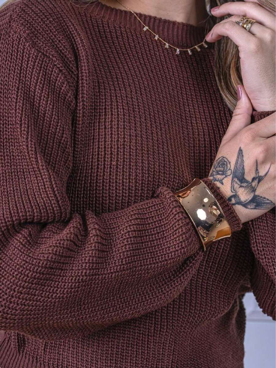 Blusa Cropped Tricô com Manga Bufante e Gola Canoa – Lívia