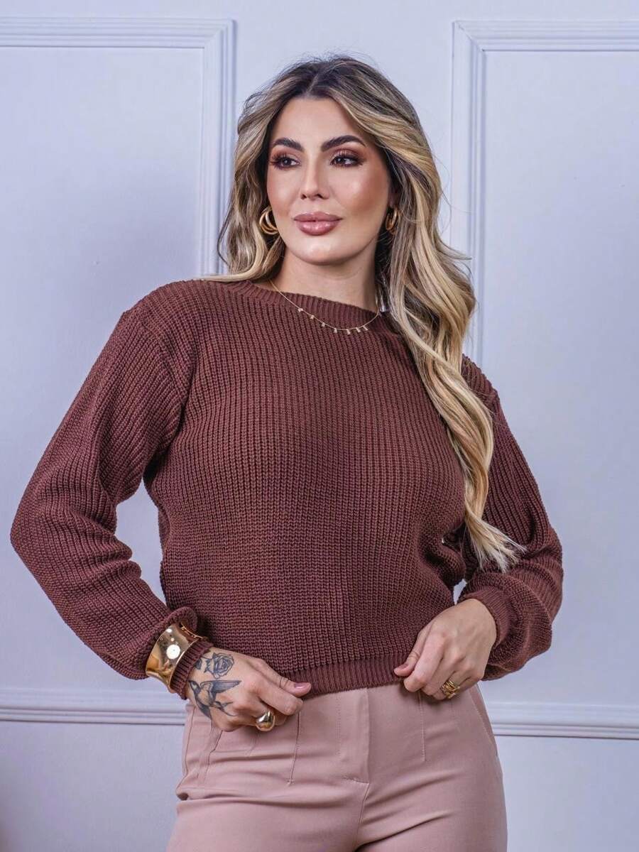 Blusa Cropped Tricô com Manga Bufante e Gola Canoa – Lívia