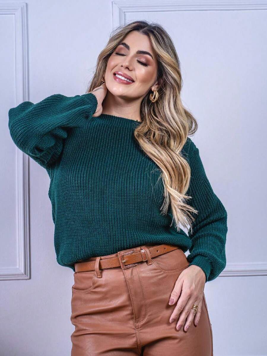 Blusa Cropped Tricô com Manga Bufante e Gola Canoa – Lívia