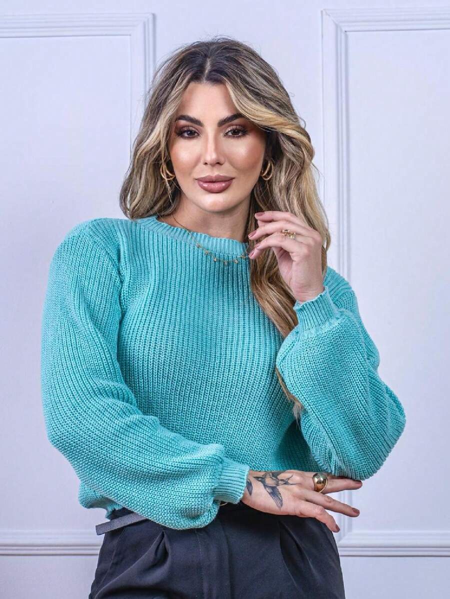 Blusa Cropped Tricô com Manga Bufante e Gola Canoa – Lívia