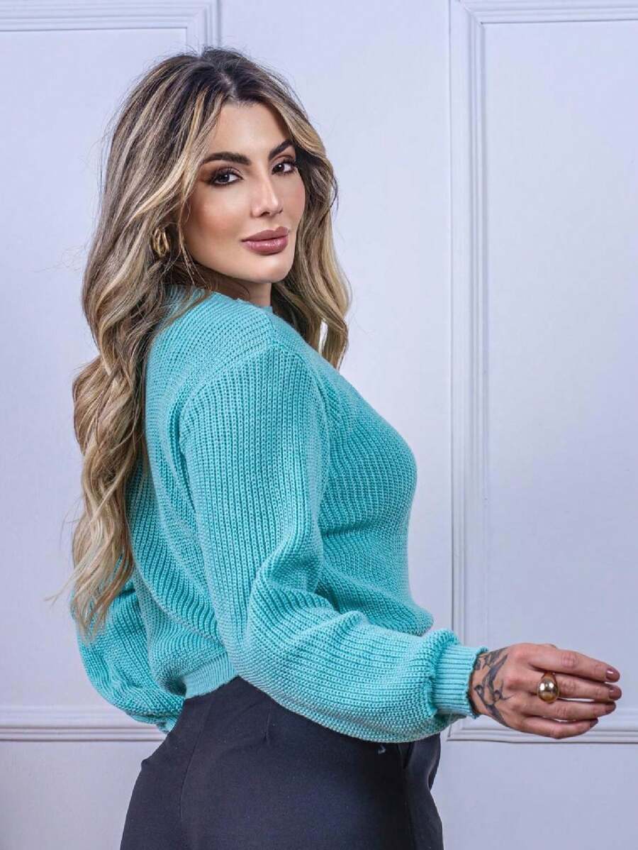 Blusa Cropped Tricô com Manga Bufante e Gola Canoa – Lívia