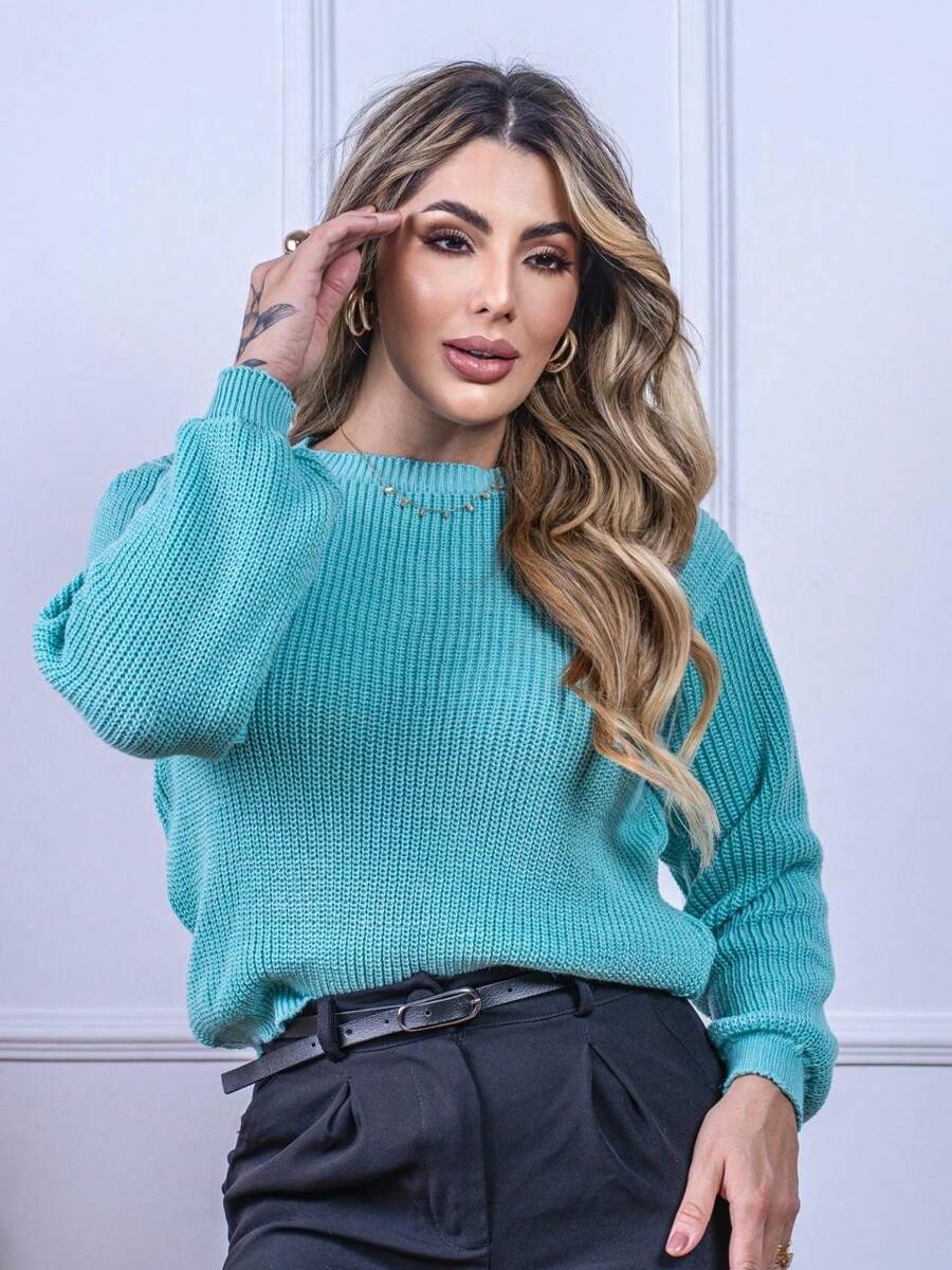 Blusa Cropped Tricô com Manga Bufante e Gola Canoa – Lívia