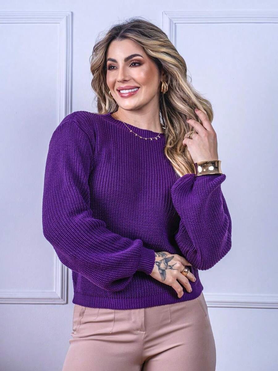 Blusa Cropped Tricô com Manga Bufante e Gola Canoa – Lívia