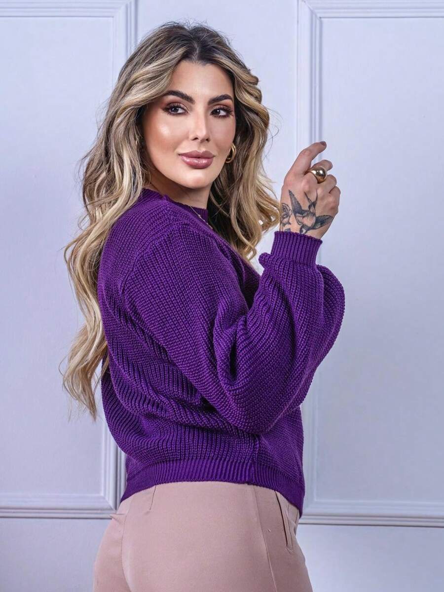 Blusa Cropped Tricô com Manga Bufante e Gola Canoa – Lívia