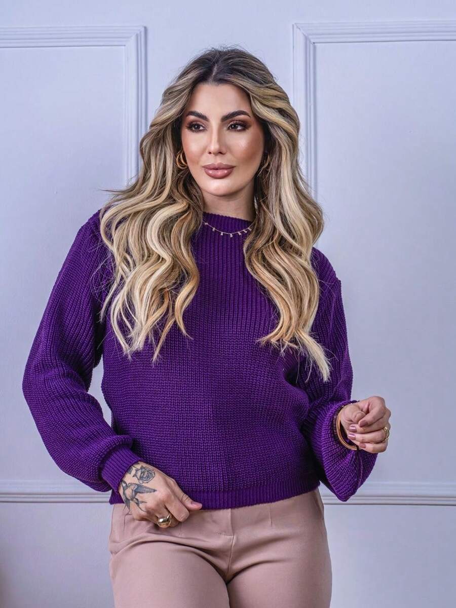 Blusa Cropped Tricô com Manga Bufante e Gola Canoa – Lívia