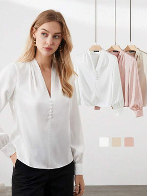 Camisa Feminina com Decote V e Manga Longa - Estilo Elegante com Detalhes em Pérola