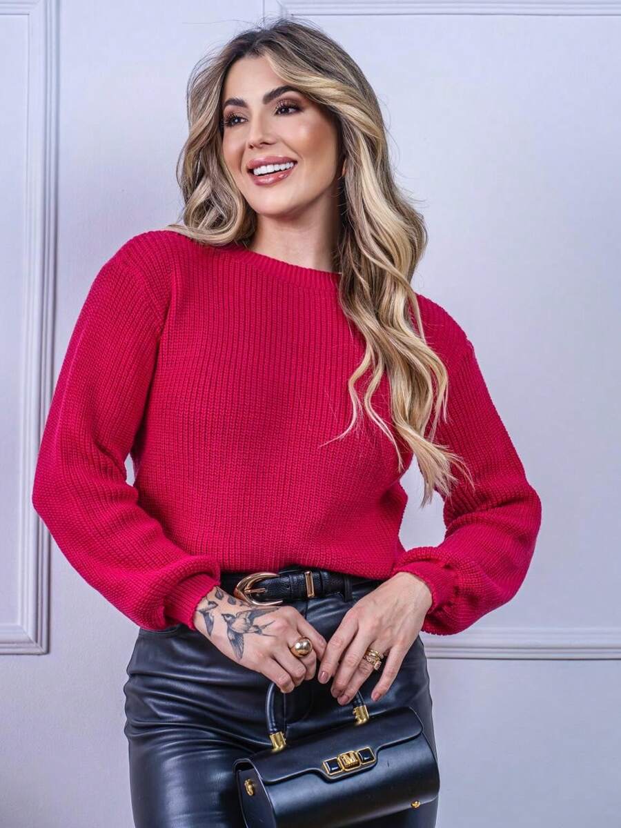 Blusa Cropped Tricô com Manga Bufante e Gola Canoa – Lívia