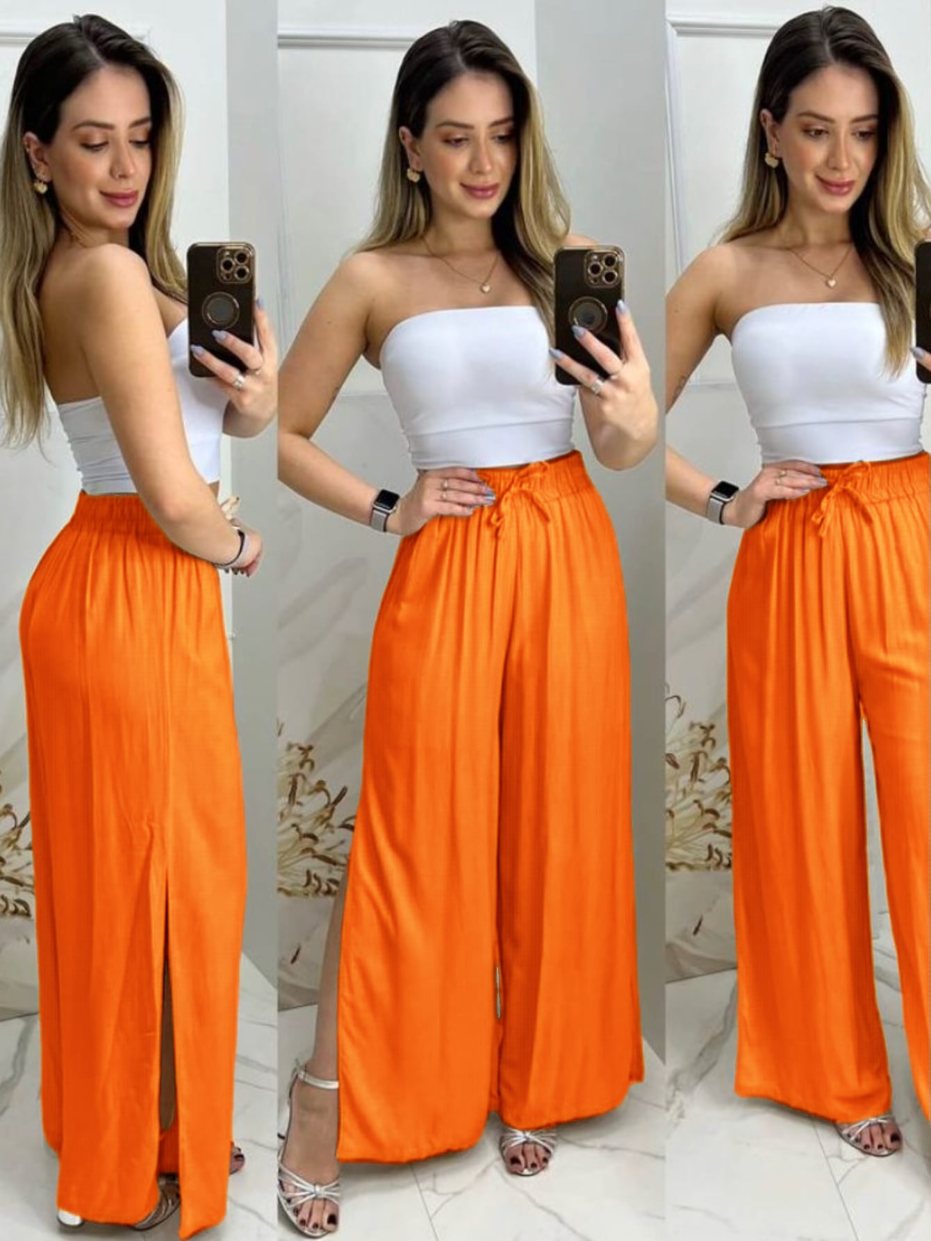 Calça Pantalona Feminina com Fenda e Cintura com Cordão - Casual e Forrada