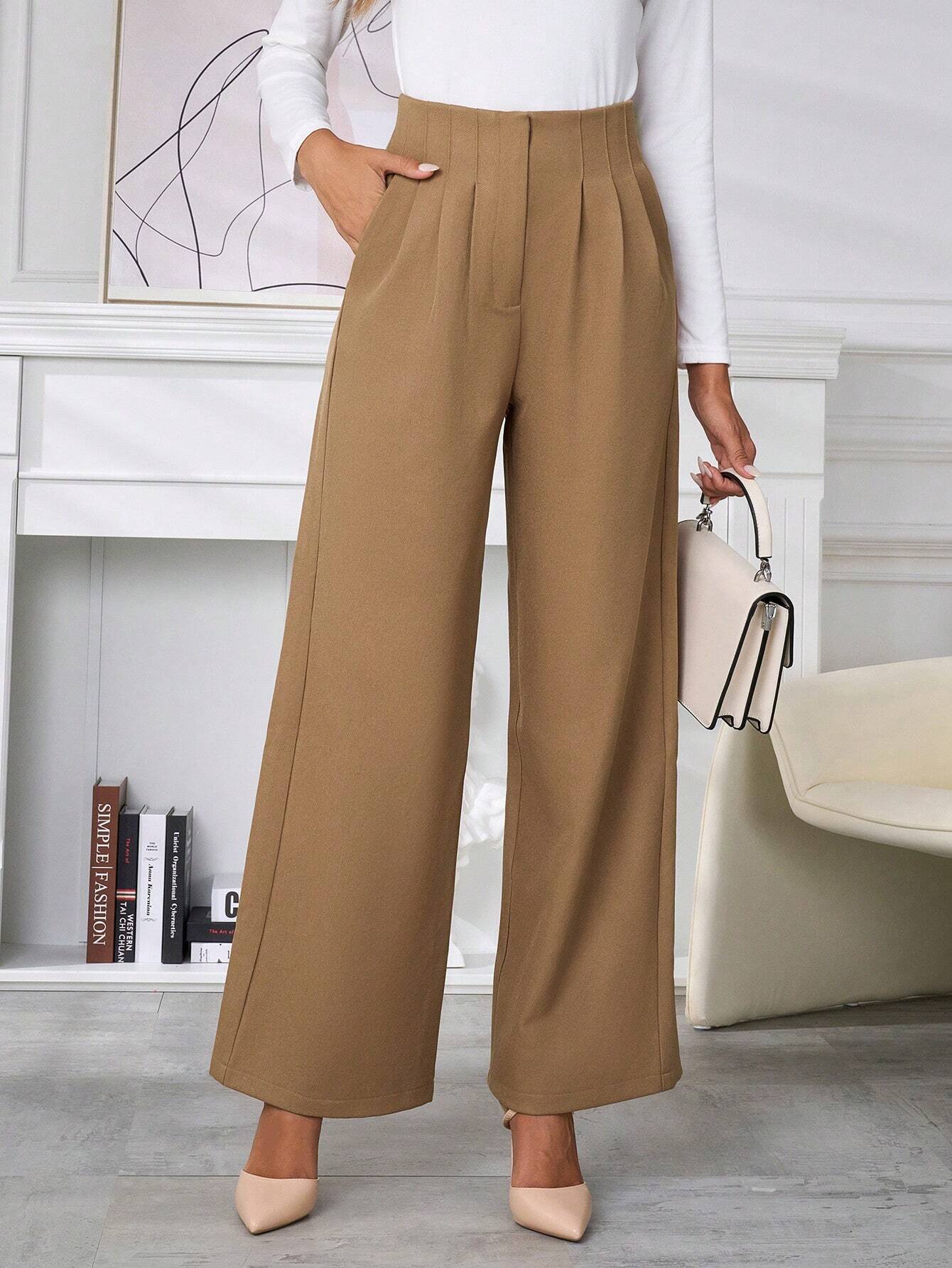 Calça Pantalona Casual de Cintura Alta Caqui com Perna Reta