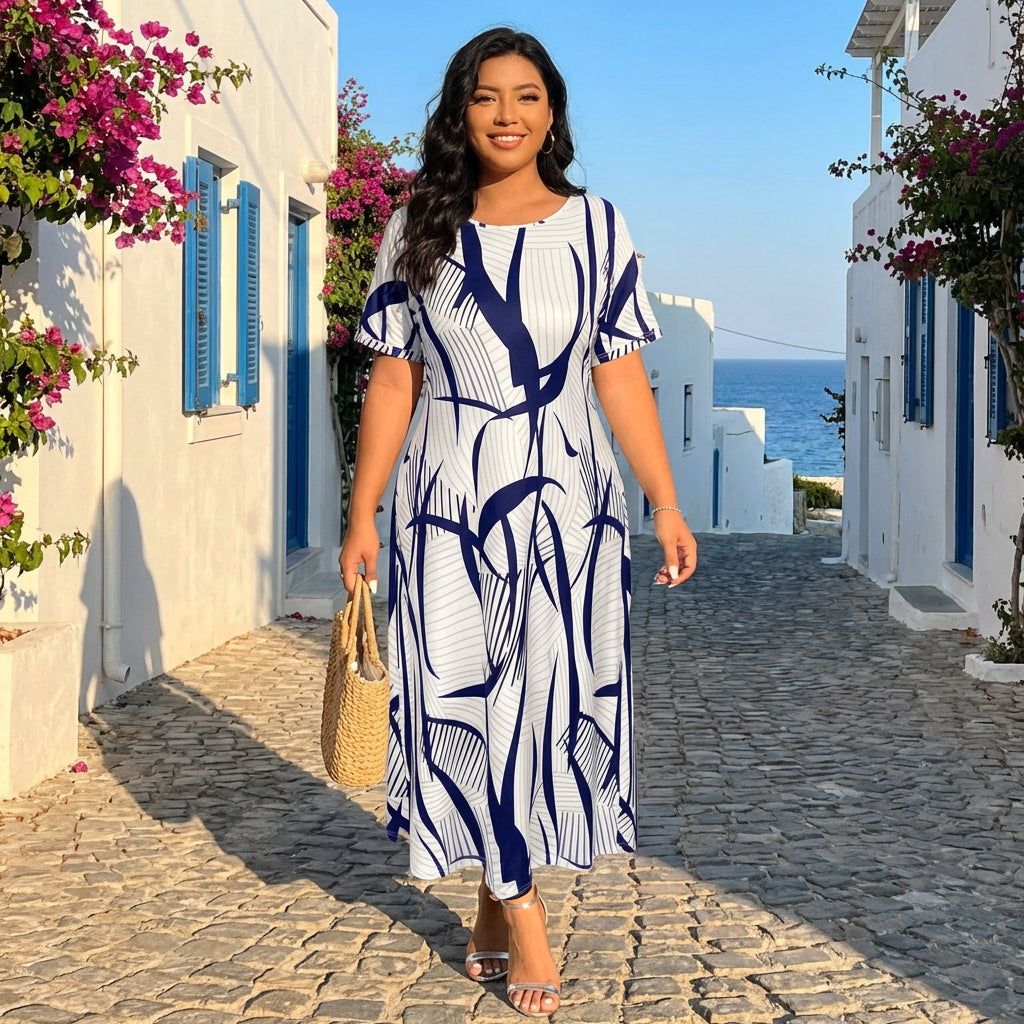 Vestido Longo Casual Plus Size com Estampa Geométrica e Listrada