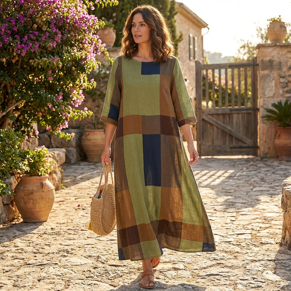 Vestido Midi Solto com Manga 3/4 e Estampado