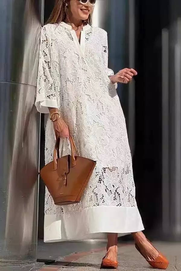 Vestido longo solto com decote em V e renda