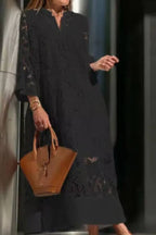 Vestido longo solto com decote em V e renda