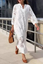 Vestido longo solto com decote em V e renda