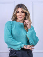 Blusa Cropped Tricô com Manga Bufante e Gola Canoa – Lívia