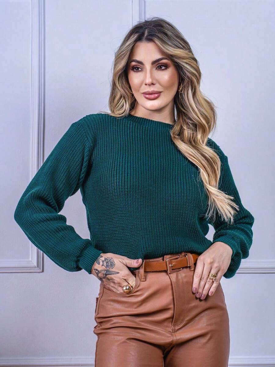 Blusa Cropped Tricô com Manga Bufante e Gola Canoa – Lívia