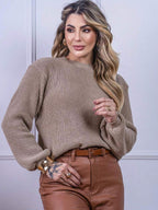 Blusa Cropped Tricô com Manga Bufante e Gola Canoa – Lívia