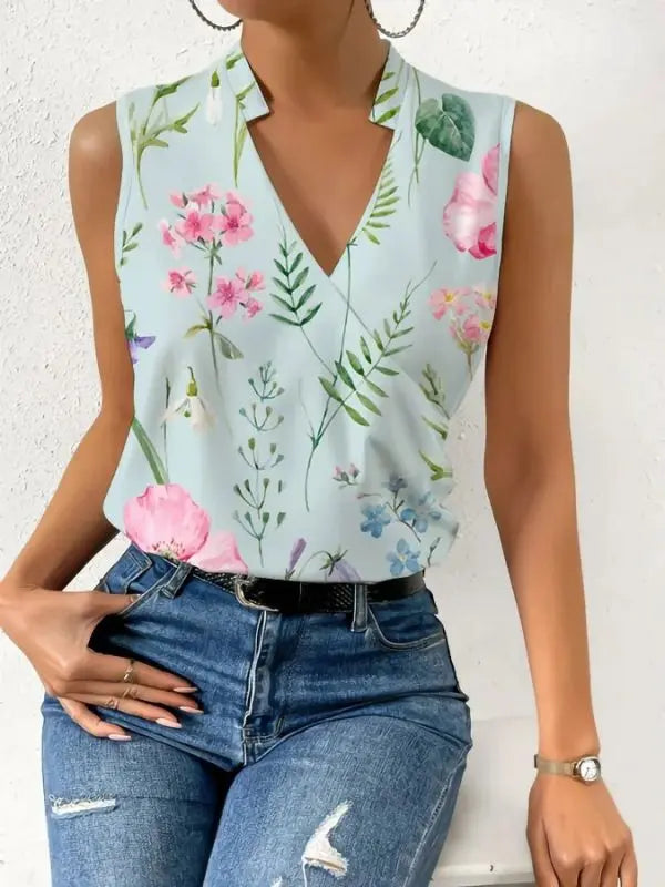 Blusa Vinny Sem Mangas com Decote Transpassado - Azul-Floral-3XG - HumArraso