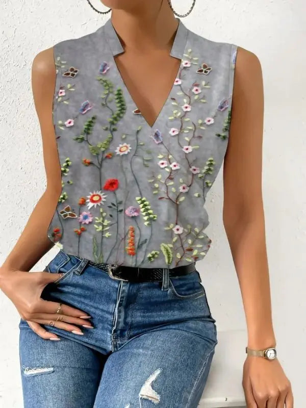 Blusa Vinny Sem Mangas com Decote Transpassado - Cinza-Floral-3XG - HumArraso