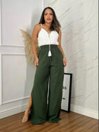 Calça Pantalona Feminina com Fenda e Cintura com Cordão - Casual e Forrada